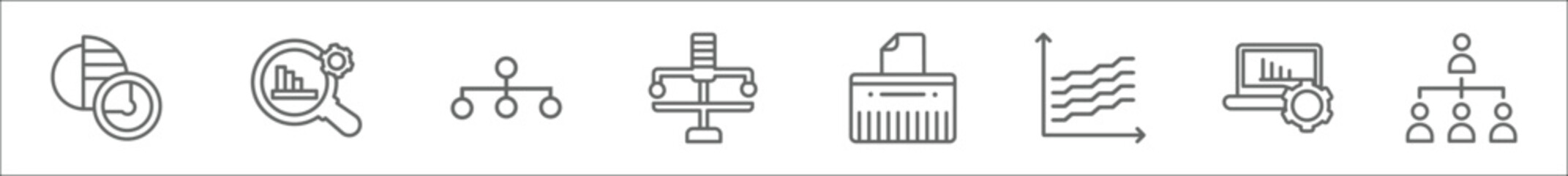 outline set of business line icons. linear vector icons such as data analytics circular, market research, data analytics flow, variety, paper shredder, data wave, laptop with analysis, organization