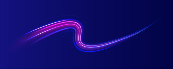 Speed effect motion 3d neon light trails made with ultra violet and blue laser light. Semicircular wave, light trail curve swirl, incandescent optical fiber png vector.