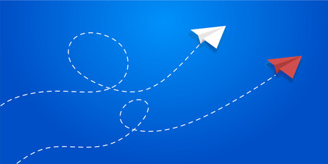 Paper airplane red white Flight, vacation, travel, business or tourism trip background