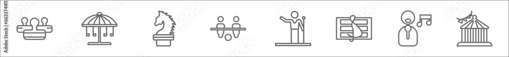 Poster outline set of entertainment line icons. linear vector icons such as controls, carousel, chess piece