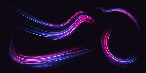 Abstract background rotational border lines. Futuristic dynamic motion technology. High-speed light trails effect. Red blue motion police line, horizontal light rays.	
