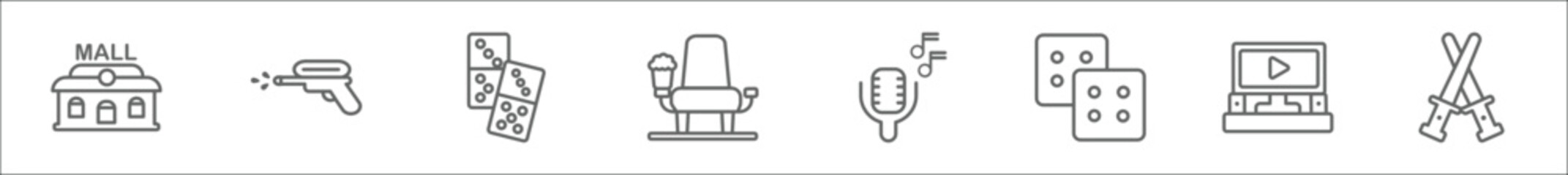 Obraz premium outline set of entertainment line icons. linear vector icons such as mall, water gun, board games, cinema seat, voice acting, dices, home theater, lightsaber