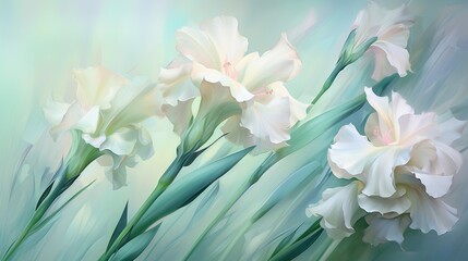 a painting of white flowers on a blue and green background.  generative ai