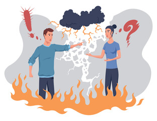 Angry couple shouting at each other, marriage problems. People quarrel, wife and husband arguing, family conflict. Vector cartoon illustration