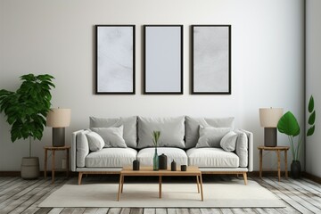 Living room 3D render with empty frames, perfect for mockups