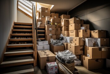 stack of cardboard boxes on and around the staircase