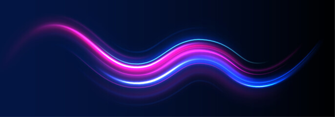 Neon stripes in the form of drill, turns and swirl. Illustration of high speed concept. Motion light effect for banners. The effect of speed on a blue background.	 - obrazy, fototapety, plakaty