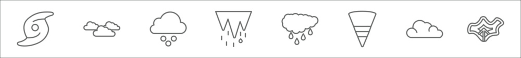 outline set of weather line icons. linear vector icons such as tropical storm, clouds, hailstorm, thaw, raindrops, typhoon, meteorology, isobars - obrazy, fototapety, plakaty