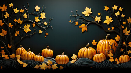 Naklejka na ściany i meble Halloween background, thanksgiving or autumn scene, flat lay composition with pumpkins, Happy event halloween banner holiday text mockup, backdrop horror concept with copy space, illustration.