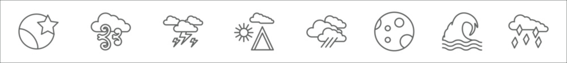outline set of weather line icons. linear vector icons such as waning moon, wind, thunderbolt, indian summer, rainfall, new moon, tsunami, ice pellets - obrazy, fototapety, plakaty
