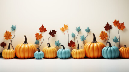 Halloween background, thanksgiving or autumn scene, flat lay composition with pumpkins, Happy event halloween banner holiday text mockup, backdrop horror concept with copy space, illustration