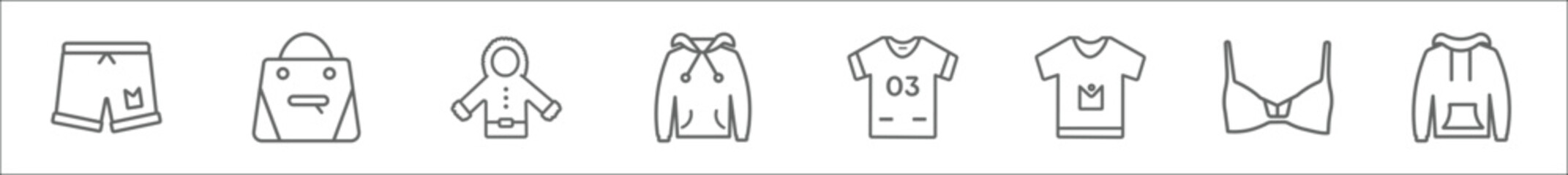 outline set of clothes line icons. linear vector icons such as shorts, hand bag, parka, hoodie, jersey, t shirt, bra, sweatshirt