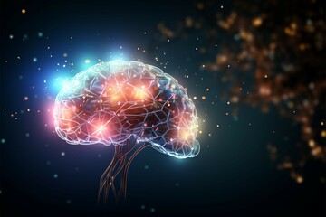 Luminous brain network within a human head against a tech background