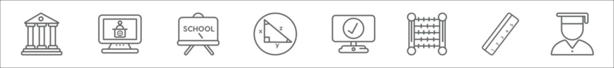 outline set of education line icons. linear vector icons such as university, lecture, chalkboard, trigonometry, progress, abacus, ruler, student