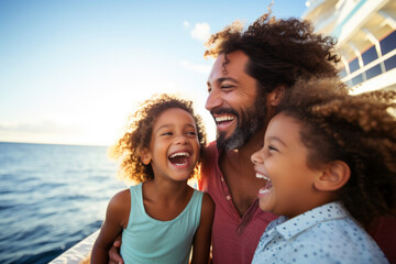 happy father and his two children on cruise - obrazy, fototapety, plakaty