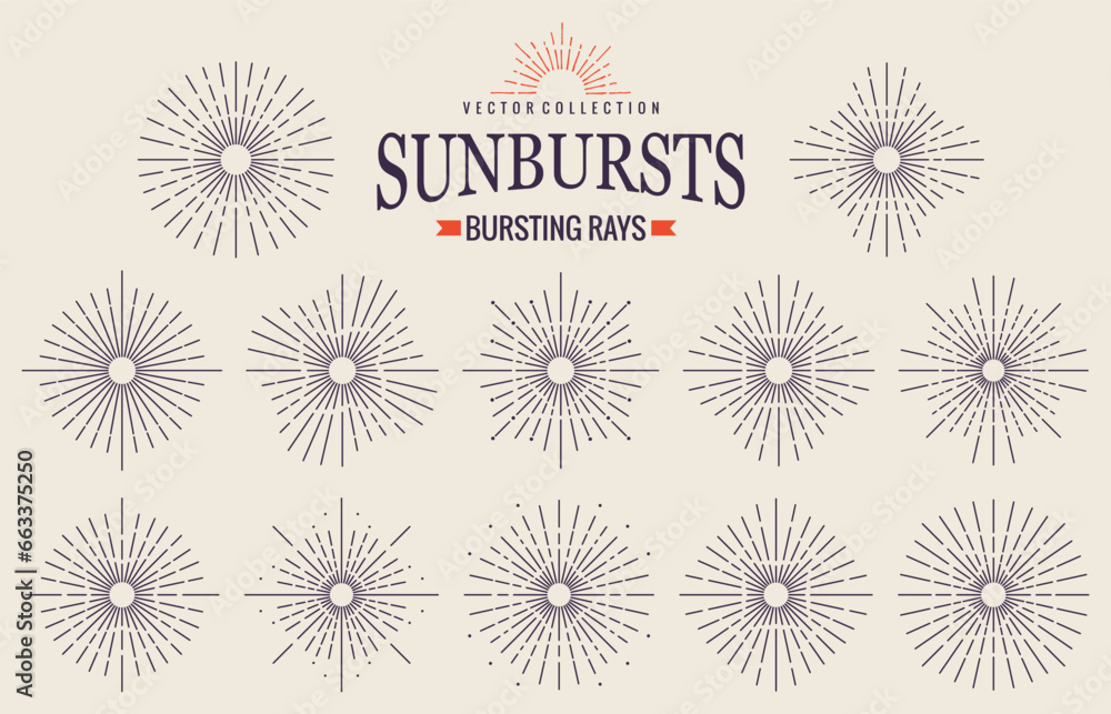 Poster sunbursts firework explosion, bursting or light rays, linear drawing and borders collection. vector 