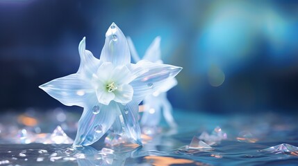  a white flower is floating on a blue surface with water droplets.  generative ai