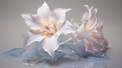  two white flowers with a reflection on the water's surface.  generative ai