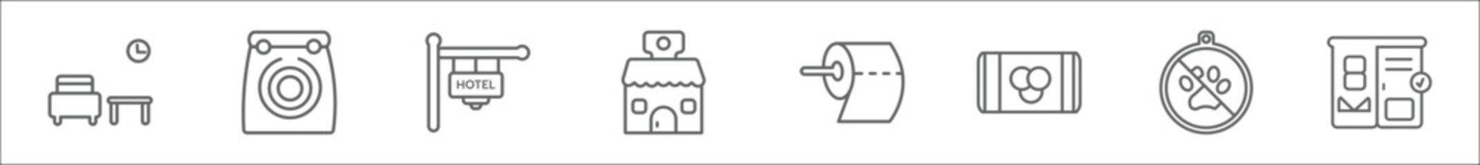 Fototapeta premium outline set of hotel line icons. linear vector icons such as lounge, take away, hotel, barbershop, toilet paper, eating utensils, no pets, checkroom