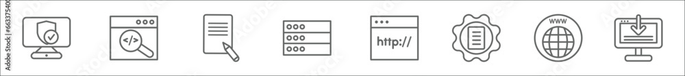 Poster outline set of seo line icons. linear vector icons such as authorize, code review, content, data sto
