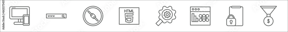 Poster outline set of seo line icons. linear vector icons such as responsive, web domain, broken link, html