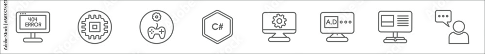 Poster outline set of seo line icons. linear vector icons such as 404 error, hardware, game development, c 