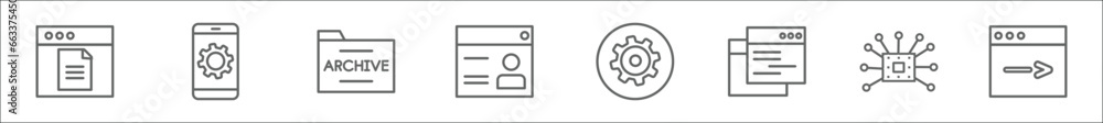 Aufkleber outline set of seo line icons. linear vector icons such as page, mobile development, archive, web de