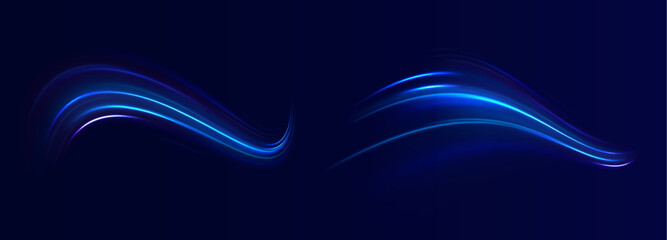 Blue glowing shiny lines effect vector background. Luminous white lines of speed. Light glowing effect. Light trail wave, fire path trace line and incandescence curve twirl.	