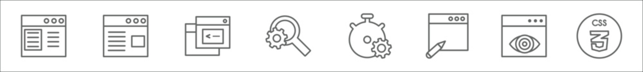 outline set of programming line icons. linear vector icons such as web development, web page, console, search engine, optimization, copyright, visibility, css