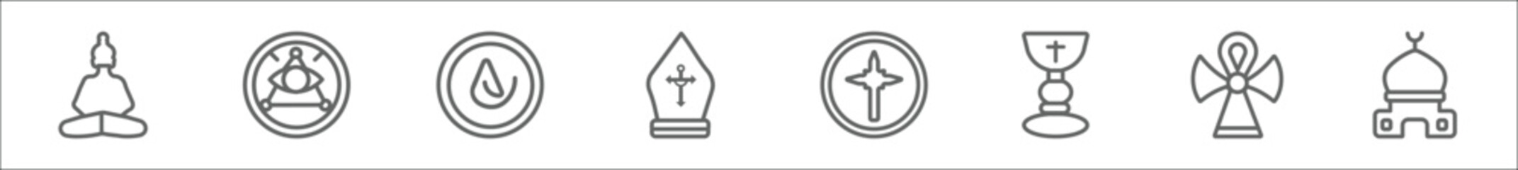 outline set of religion line icons. linear vector icons such as buddha, god, asceticism, pope, holy star, holy chalice, ankh, mosque