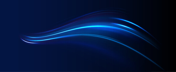 Blue neon glowing fire ring trail. Round wave line glitter bokeh with sparkling light. Vector blue light trail circle. Bokeh glitter round wave flying sparkling flares.	