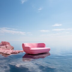 Fototapeta na wymiar a pink sofa couch over the sea with cloud clear sky 