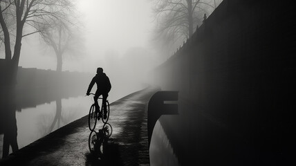 silhouette of a cyclist in the foggy landscape of an old European city. - obrazy, fototapety, plakaty