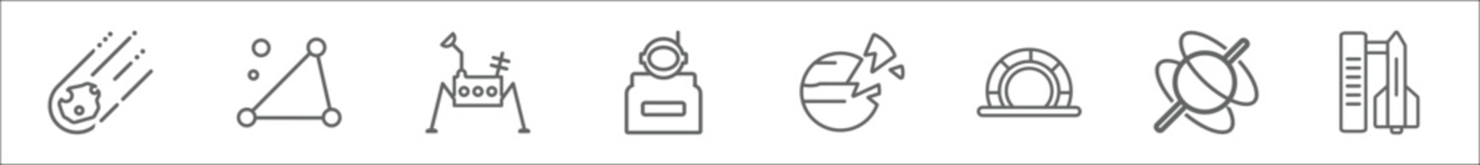 outline set of astronomy line icons. linear vector icons such as asteroid, triangulam australe, lander, astronaut ingravity, destroyed planet, stargate, quasar, liftoff © Digital Bazaar
