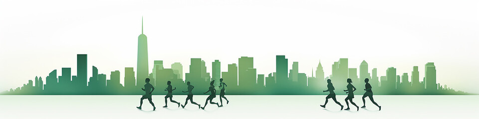 marathon in the green city panorama flat graphics poster.