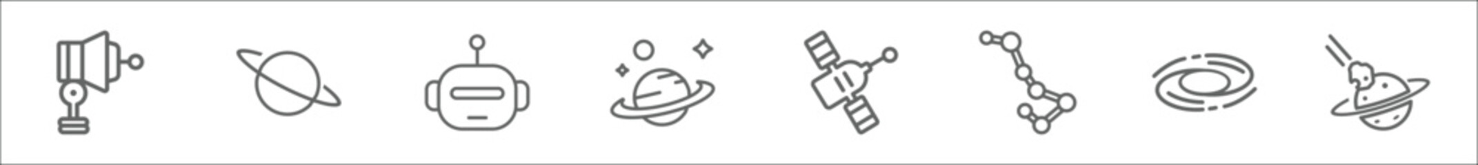 outline set of astronomy line icons. linear vector icons such as voyager, saturn, space robot, astronomy, space module, big dipper, nebula, space collision - obrazy, fototapety, plakaty