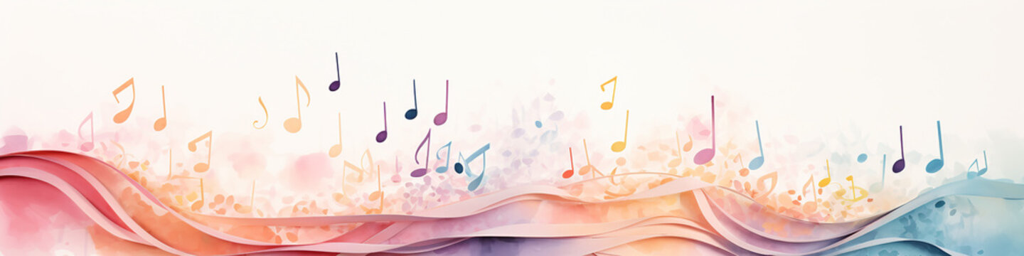 abstract musical long narrow background with notes watercolor.
