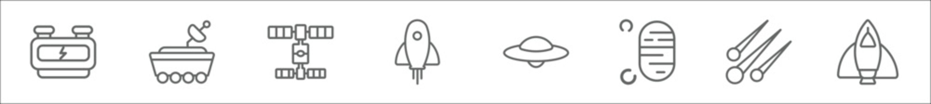 outline set of astronomy line icons. linear vector icons such as generator, moonwalker, space station, space rocket, ufo flying, foortprints on the moon, meteor shower, space ship