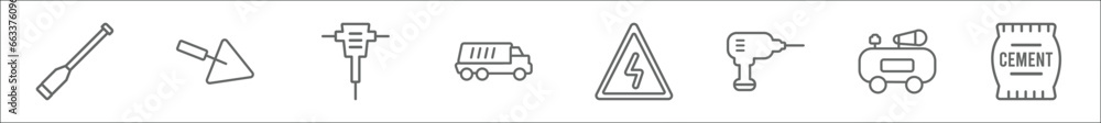 Poster outline set of construction line icons. linear vector icons such as digging bar, scraper, hydraulic 