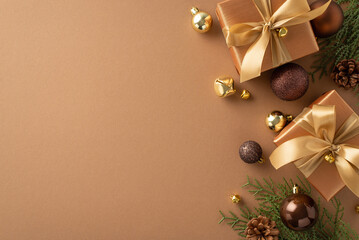 Welcome holiday spirit with touch of sophistication. Top view exquisite gifts with golden bows, balls, cones, white cedar on plush brown backdrop. Delightful space for holiday wishes or promo content
