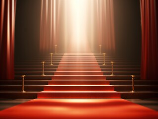 A luxurious red carpet was rolled out to the film premiere. a long red carpet between the rope barrier and the stairs under the bright light.