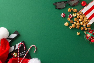 Enjoy Christmas Movie Night in Theaters. Overhead shot of movie clapper, 3D glasses, delicious popcorn in striped container, Santa hat, ornaments on a green backdrop with space for text or promotions
