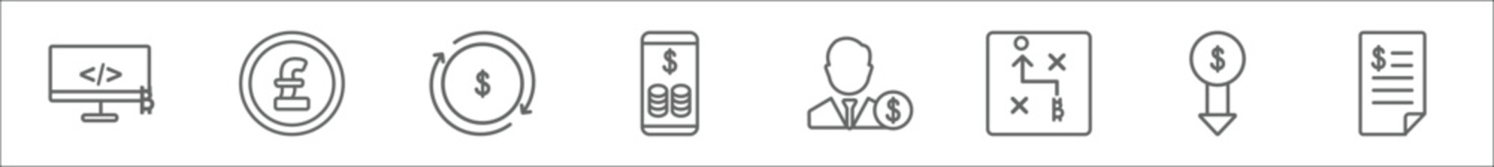 outline set of economyandfinance line icons. linear vector icons such as programming, pound sterling, dollar reload, digital wallet, banker, tactical, loss, invoice