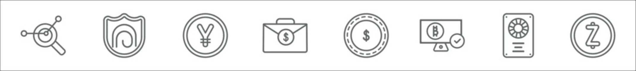 outline set of cryptocurrency line icons. linear vector icons such as market trends, , yen, money bag, casino chips, bitcoin accepted, video card,