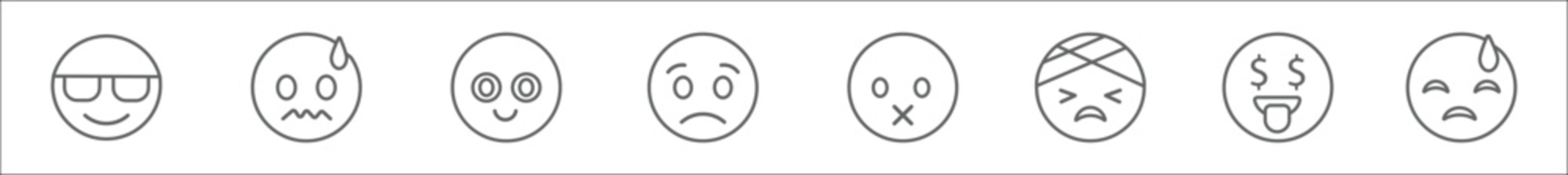 outline set of emoji line icons. linear vector icons such as cool emoji, nervous emoji, nerd sad muted with head-bandage rich downcast with sweat