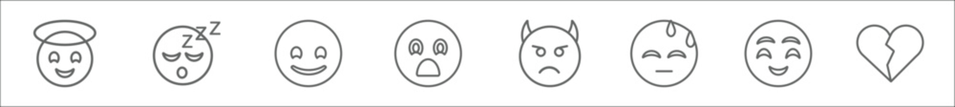 outline set of emoji line icons. linear vector icons such as smiling with halo emoji, sleep emoji, smile scared angry with horns sweating shy broken heart