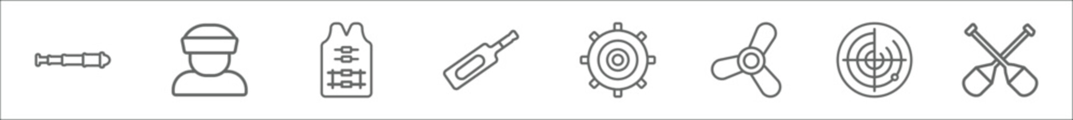 Obraz premium outline set of nautical line icons. linear vector icons such as spyglass, sailor, life jacket, message in a bottle, ship helm, ship engine propeller, radar detection, porthole