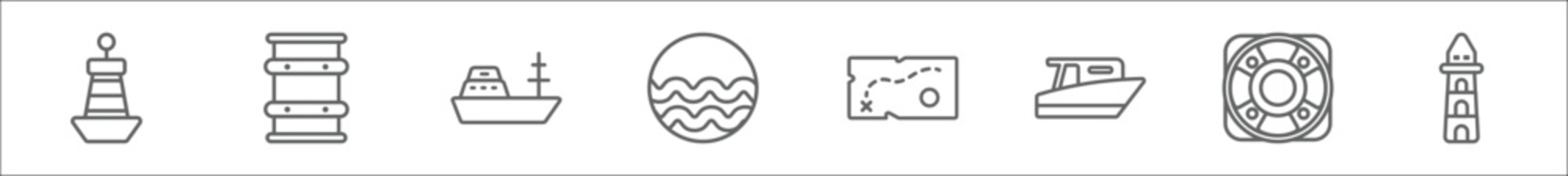 outline set of nautical line icons. linear vector icons such as buoy, big barrel, frigate, sea, nautical map, speed boat, lifesaver, lighthouse