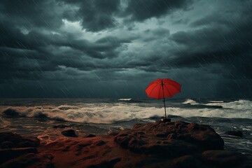 Red umbrella on stormy coast with heavy rain, crashing ocean waves, and dark cloudscape. Generative AI