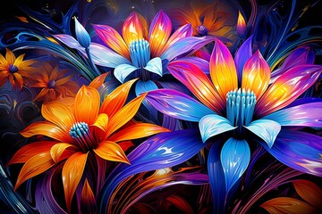 Vibrant digital artwork featuring large colorful fantasy flowers. Generative AI